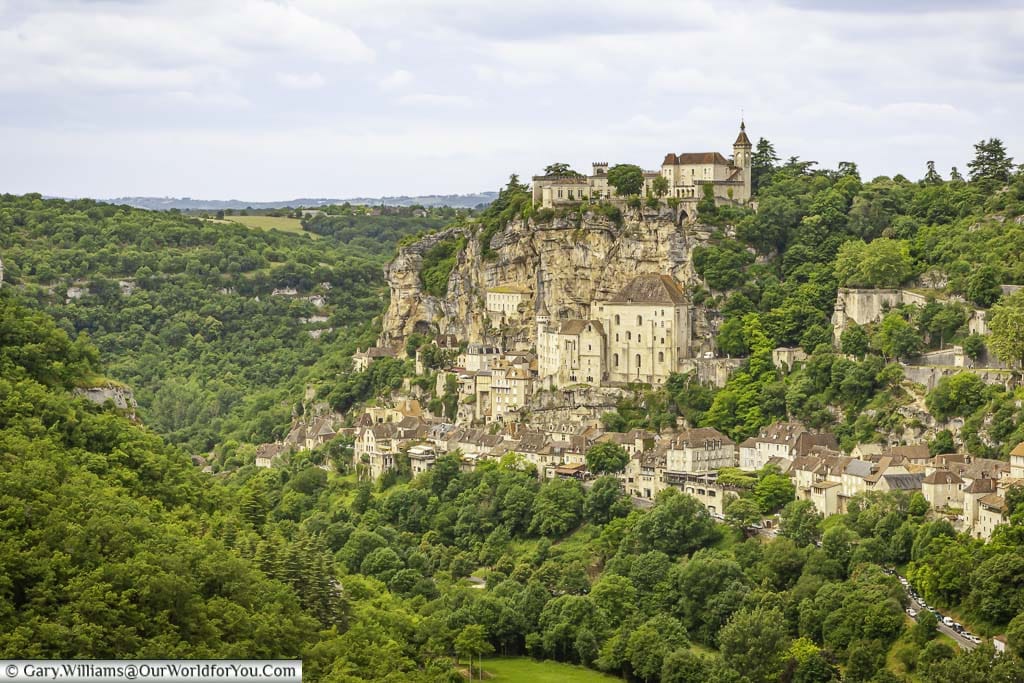 The medieval town of Rocamadour, built against a rockface and set in the French countryside.