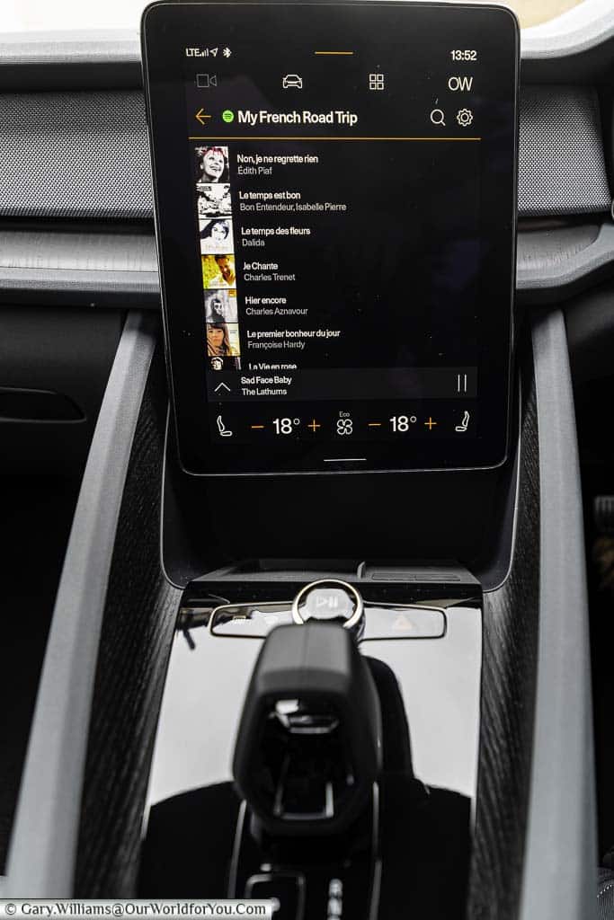 Our French Road trip playlist from Spotify as displayed on the central screen of our polestar 2 electric car
