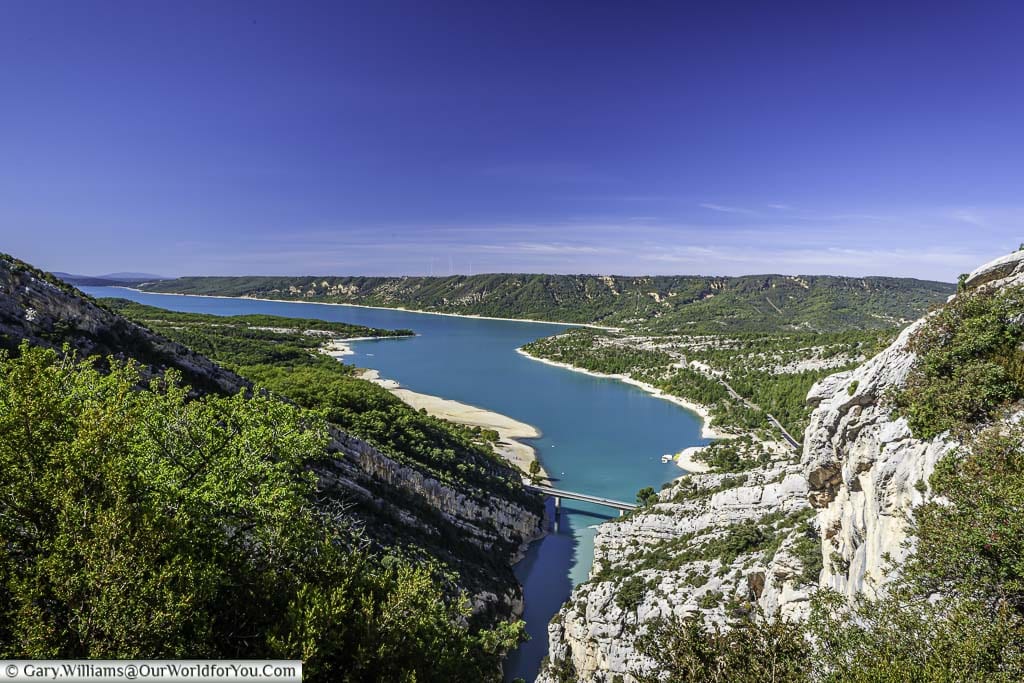 The view from on high of the verdon lake in the mountainous verdon natural regional park in southern france