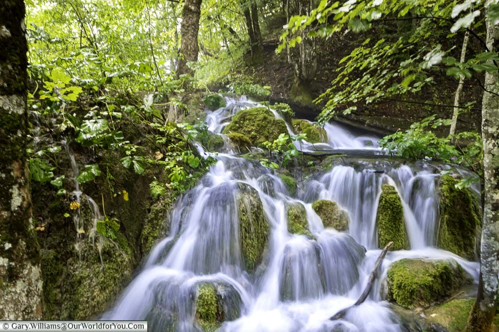 A small waterfall in the wooded landscape of plitvice lakes, an UNESCO site in croatia