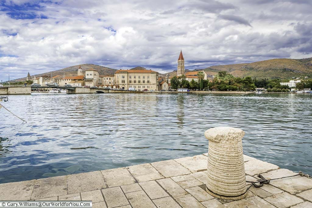 The view of Trogir from the island of Čiovo across the Adriatic sea. The town shows clear Venetian influences.