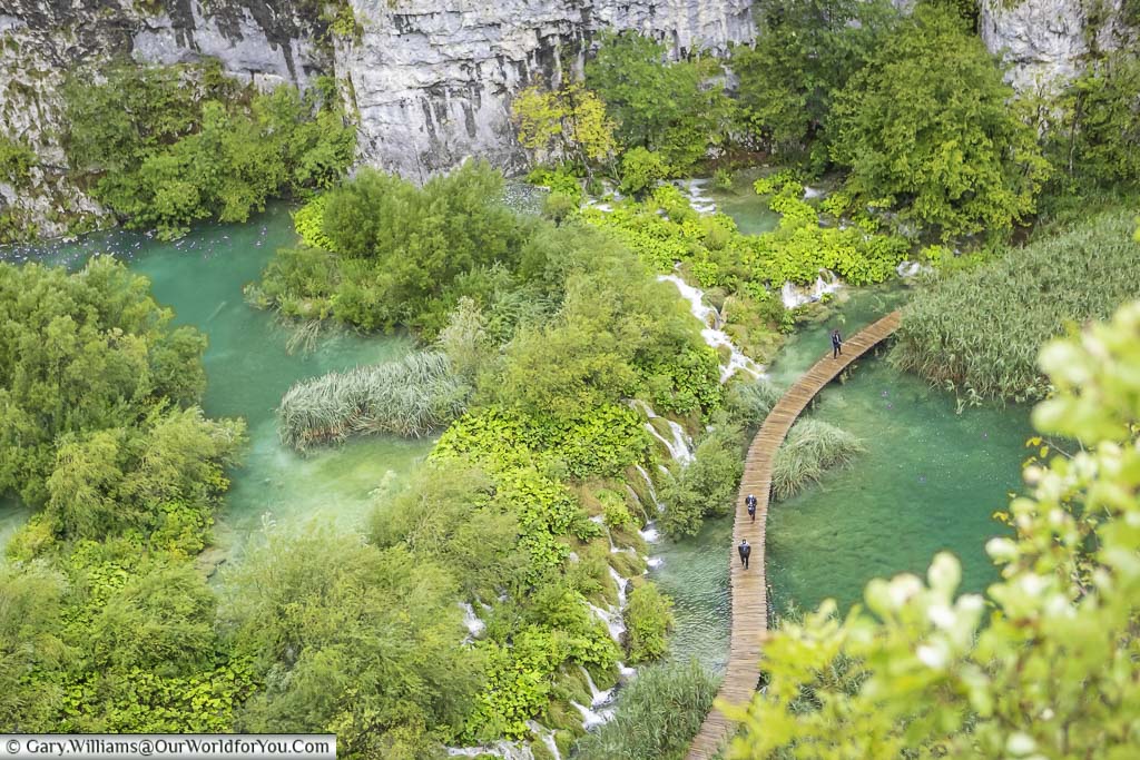 Looking down on a couple of pools, nestled in chalk ravine, with a wooden walkway between them, as the water flows down the valley creating a waterfall.