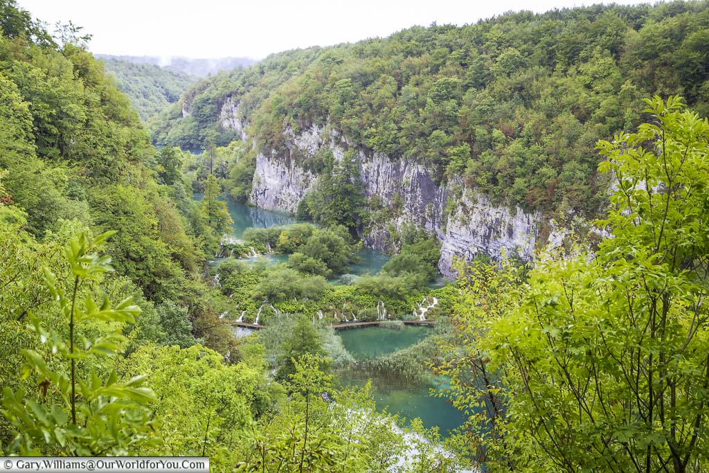 A look down the ravine with numerous pools at plitvice lakes national park in croatia