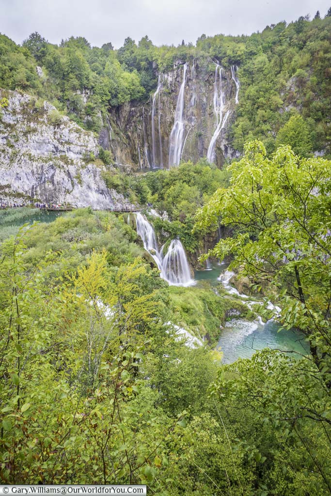 A view across the ravine to the Veliki Slap waterfall at the plitvice lakes national park in croatia