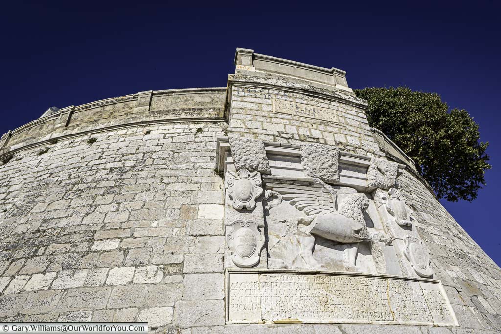 The venetian detail on the city walls near the Foša harbor in Zadar, Croatia