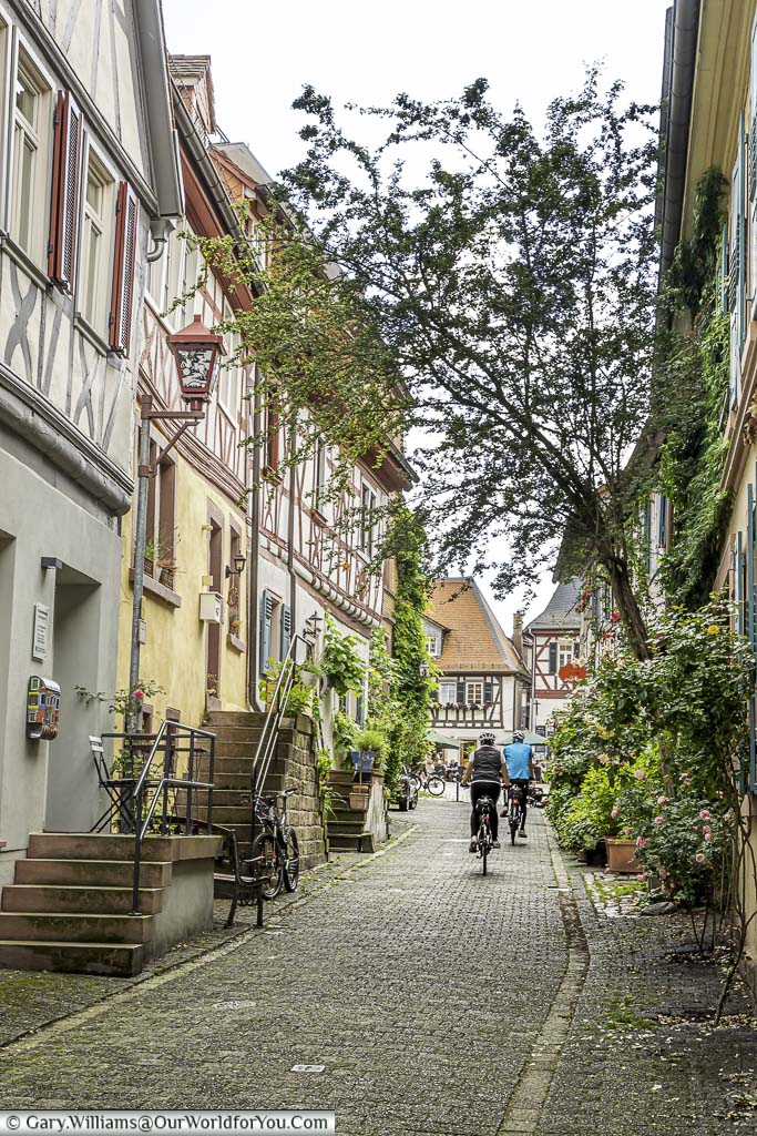 2 cyclist riding up a cobbled pathway towards market platz in the centre of the Old Town of Heppenheim
