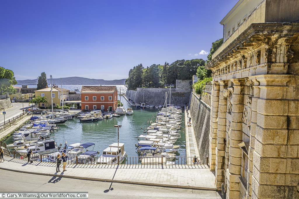 Overlooking the Foša harbour, from the Queen Jelena Madijevka Park, by the Land Gate in Zadar, Croatia