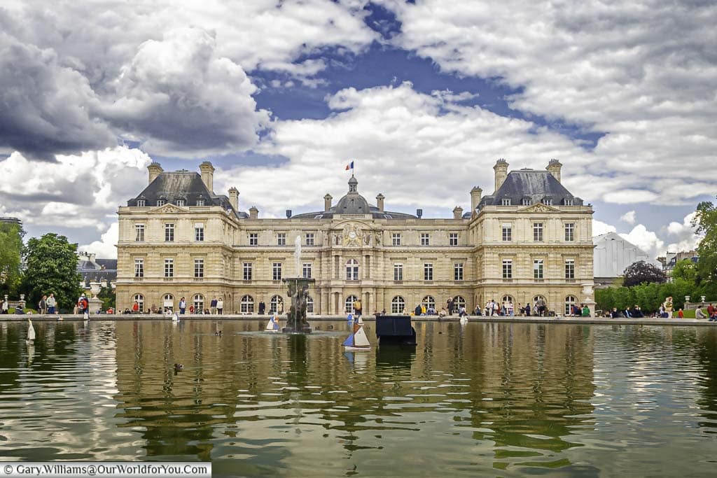 Looking across the boating pond in the Jardin du Luxembourg towards the Palais du Luxembourg.