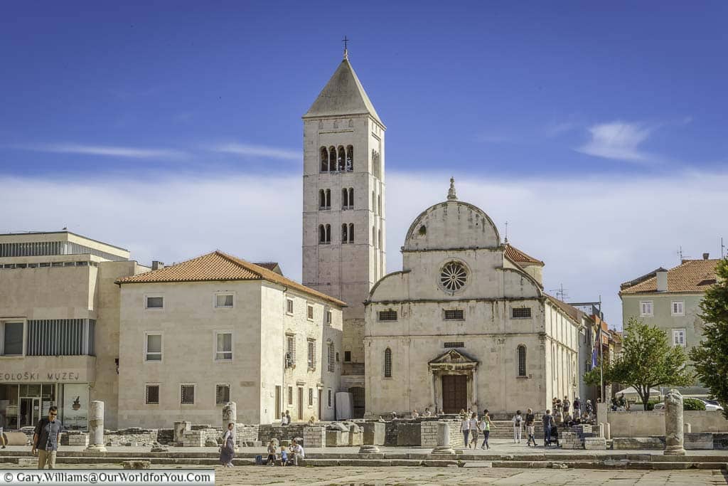 The ruins of the Roman Forum in front of St Mary’s Church, Zadar, with just small sections of the stone columns remaining