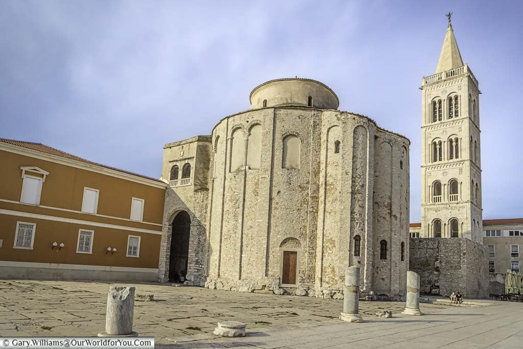 The circular church of St Donatus in Zadar, next to the ruins of the Roman forum, with the Venetian style bell tower in the background.