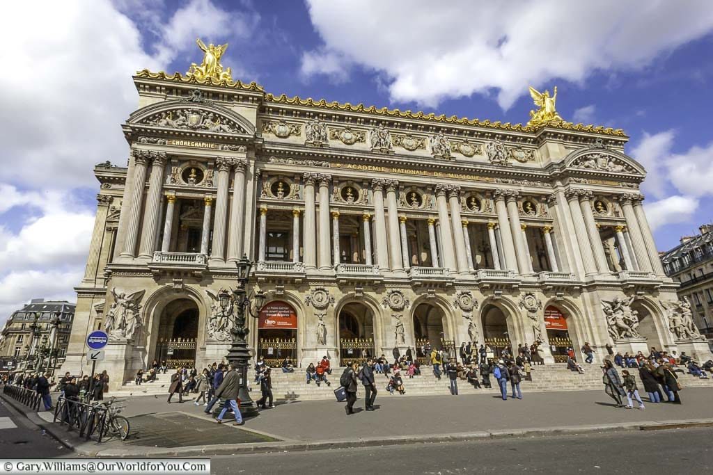 The ornate 19th-century palais garnier concert hall with its ornate facade that is home to the paris opera and ballet.