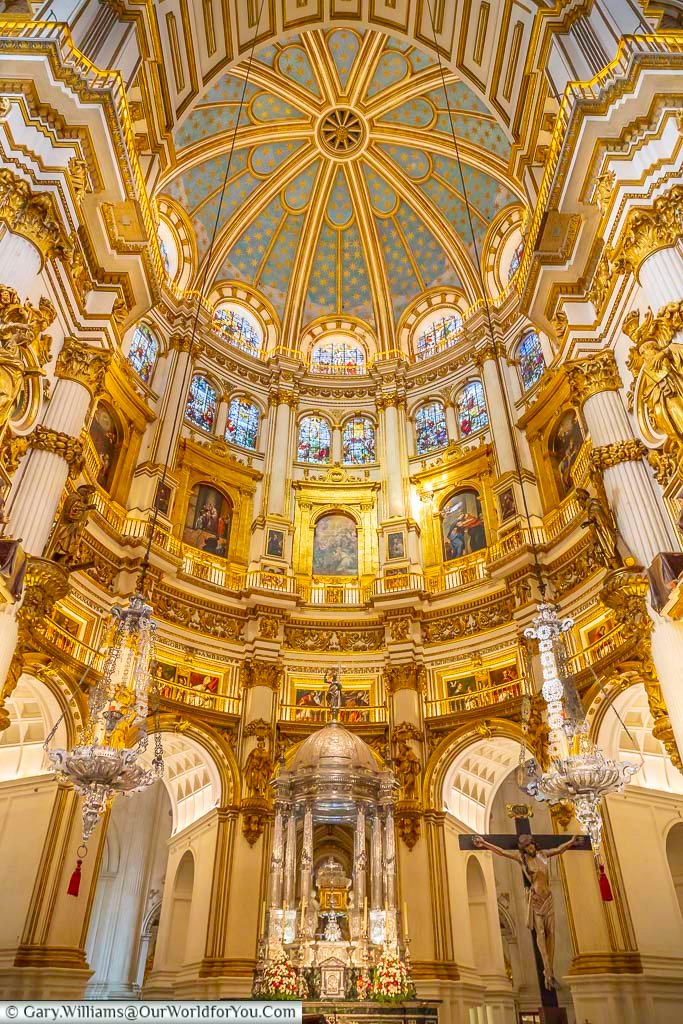 looking up to the interior of the great dome within granada's cathedral in andalusia, southern spain