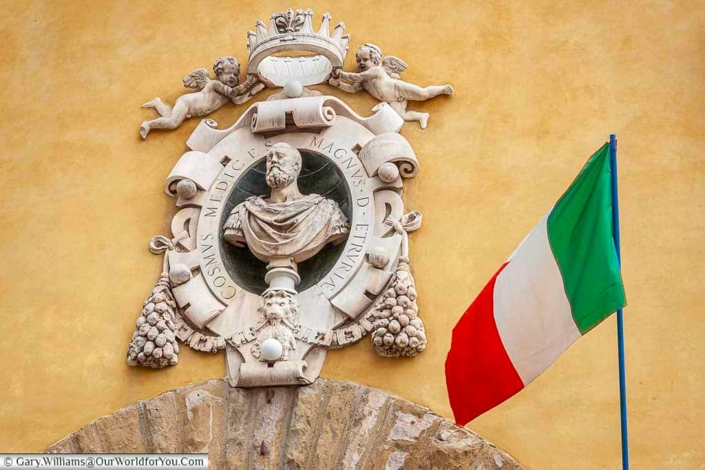 A bust to the Great Duke of Florence - Cosmo Medici with an Italian flag in the foreground.