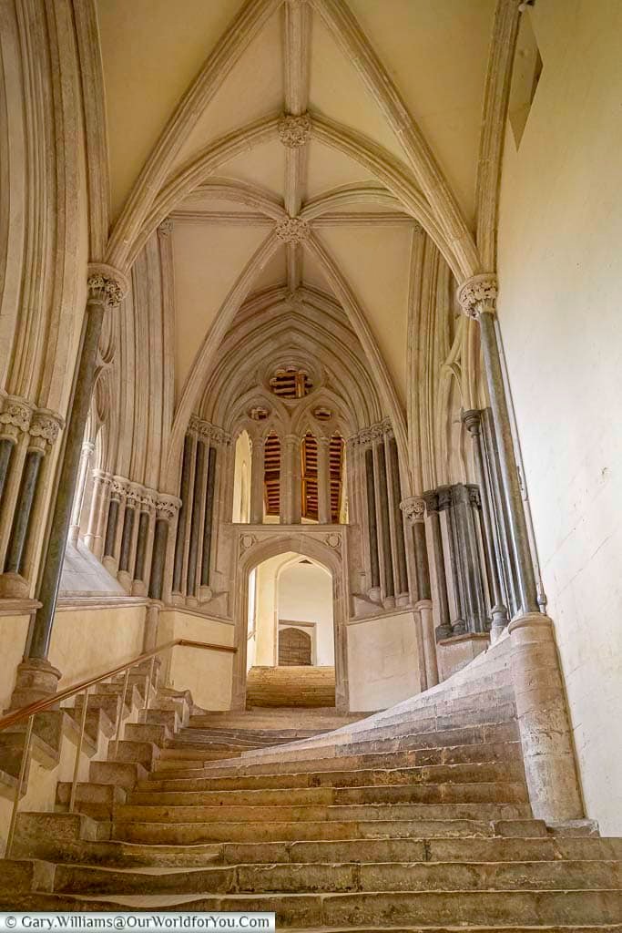 The steps leading to the chapter house in wells cathedral with its sweeping staircase