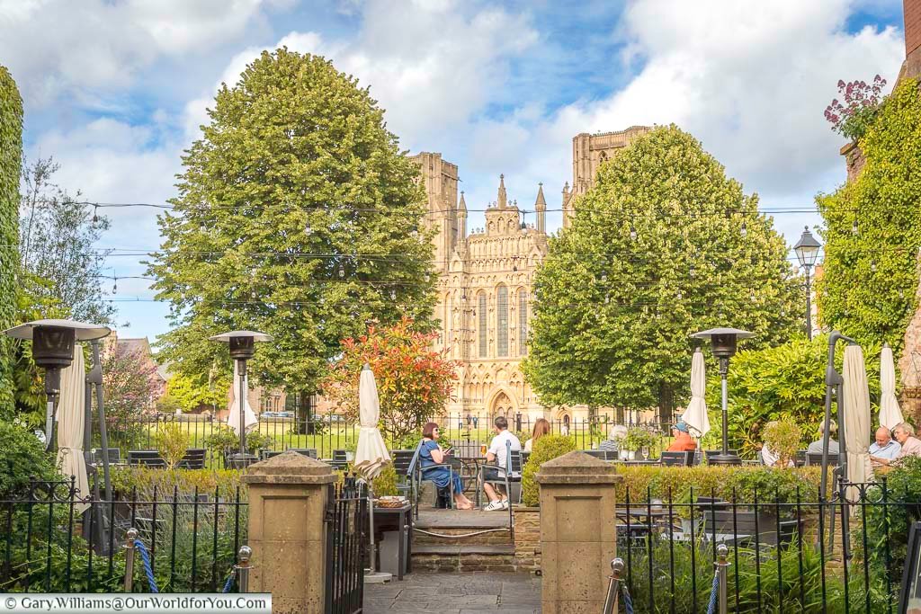 The swan inn's private courtyard overlooking wells cathedrals in somerset