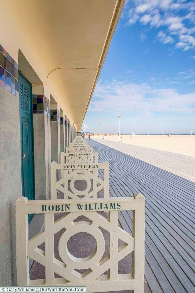 The robin williams beach hut on the promenade de planches in deauville, normandy, france