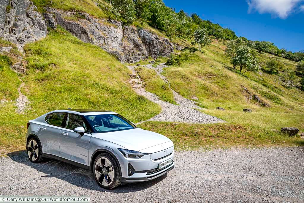 Our magnesium silver polestar 2 in a layby in the cheddar gorge in somerset, england