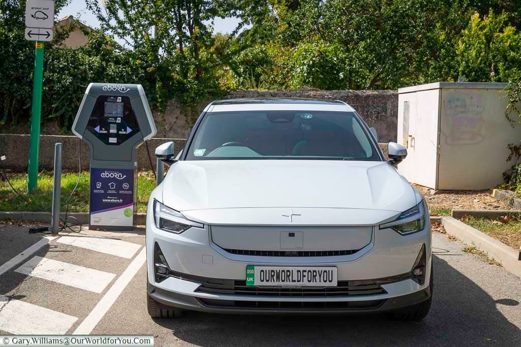 Charging our polestar 2 at valensole in the provence region of france whilst we explore and have lunch