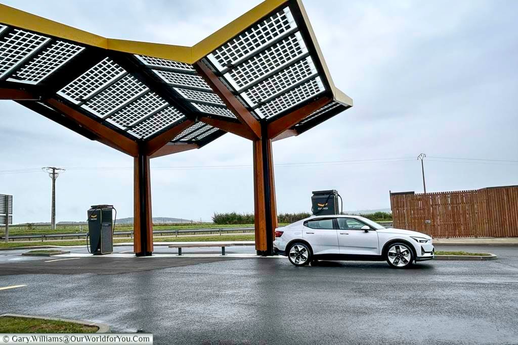 Our polestar 2 charging at the aire de changis sur marne on the A4 at ussy-sur-marne in france