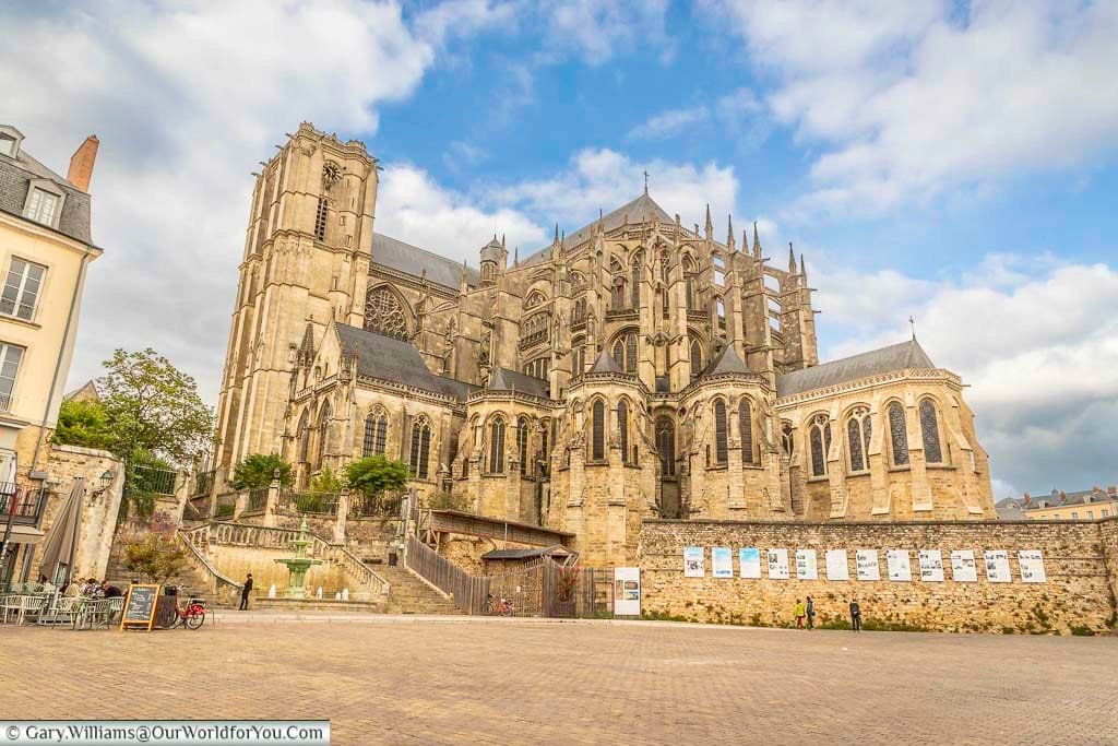 The view of the gothic cathedral of saint lulian of le mans in the pays de la loire region of france