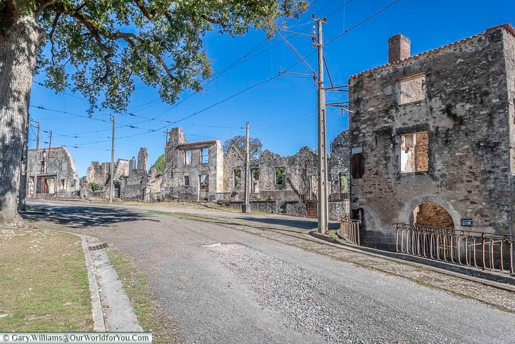 The ruined remains of the memorial village of oradour-sur-glane in the novelle aquitaine region of france