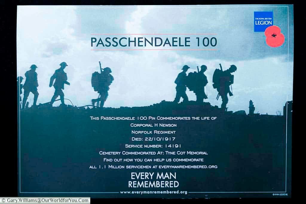 The card that came with our royal british legion remembrance poppy pin for corporal h newson as part of the every man remembered campaign