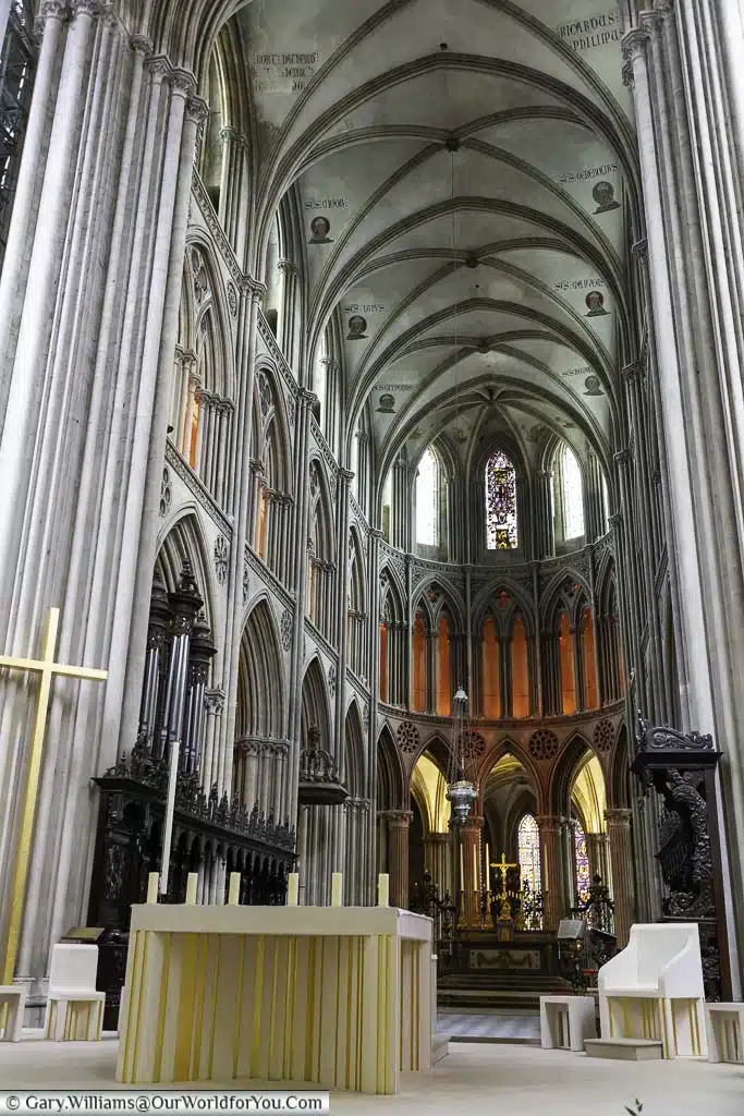 The entrance to the Bayeux Cathedral, looking at the high vaulted ceiling