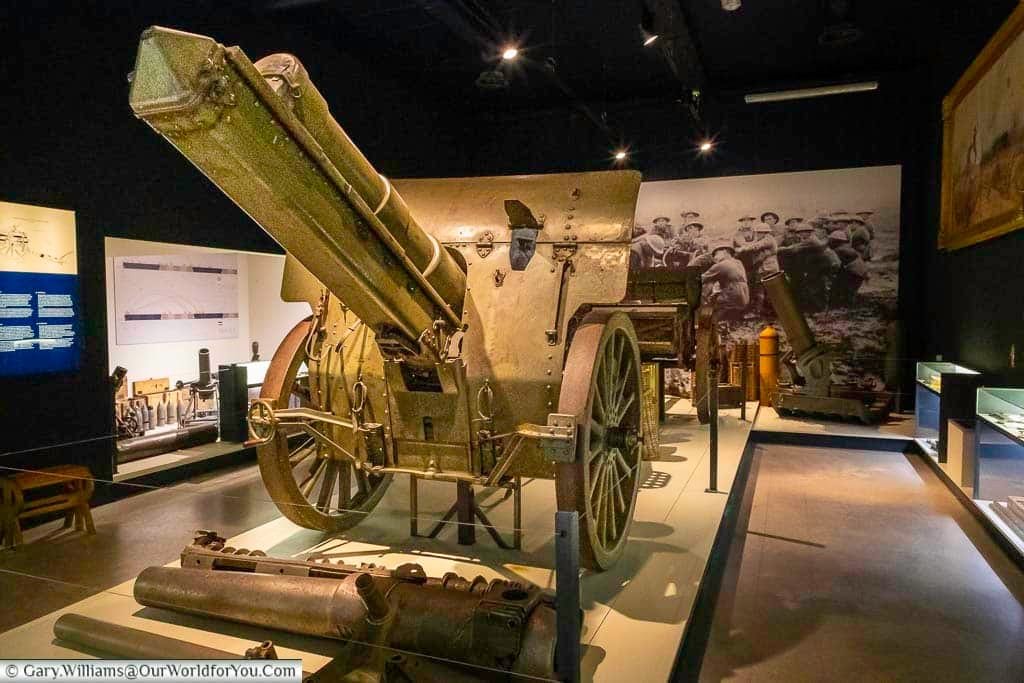 A display around a field artillery gun at the passchendaele museum at Zonnebeke, Belgium