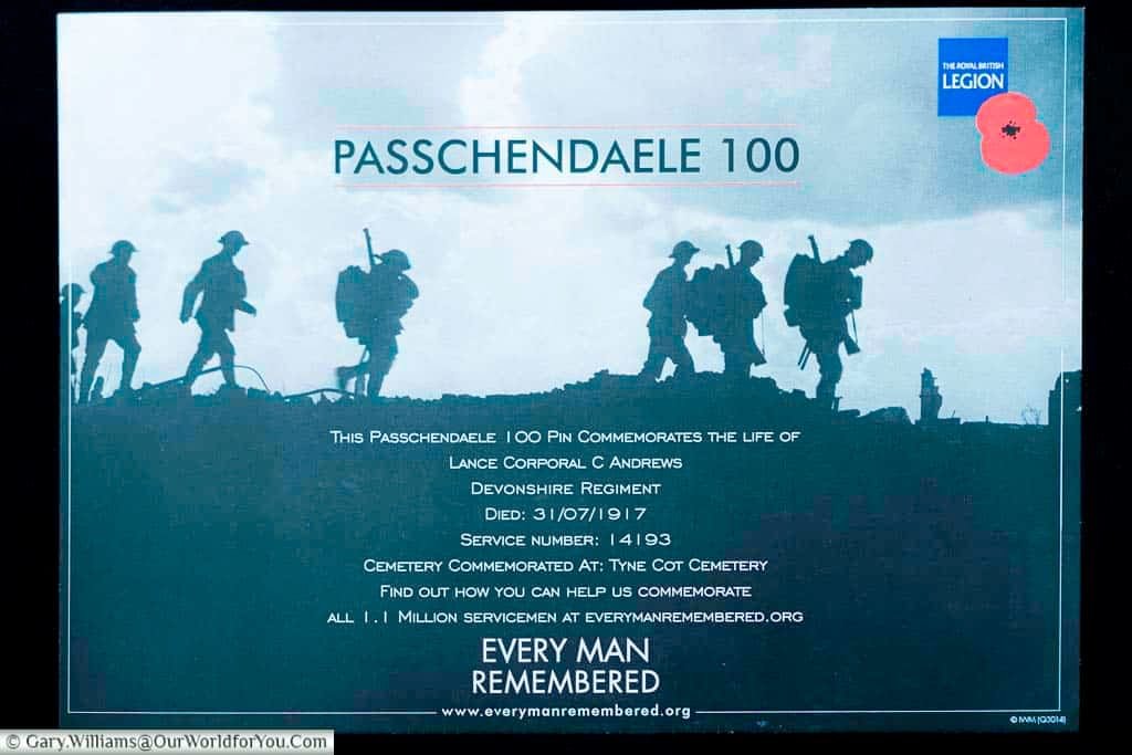 The card that came with our royal british legion remembrance poppy pin for lance corporal c andrews as part of the every man remembered campaign