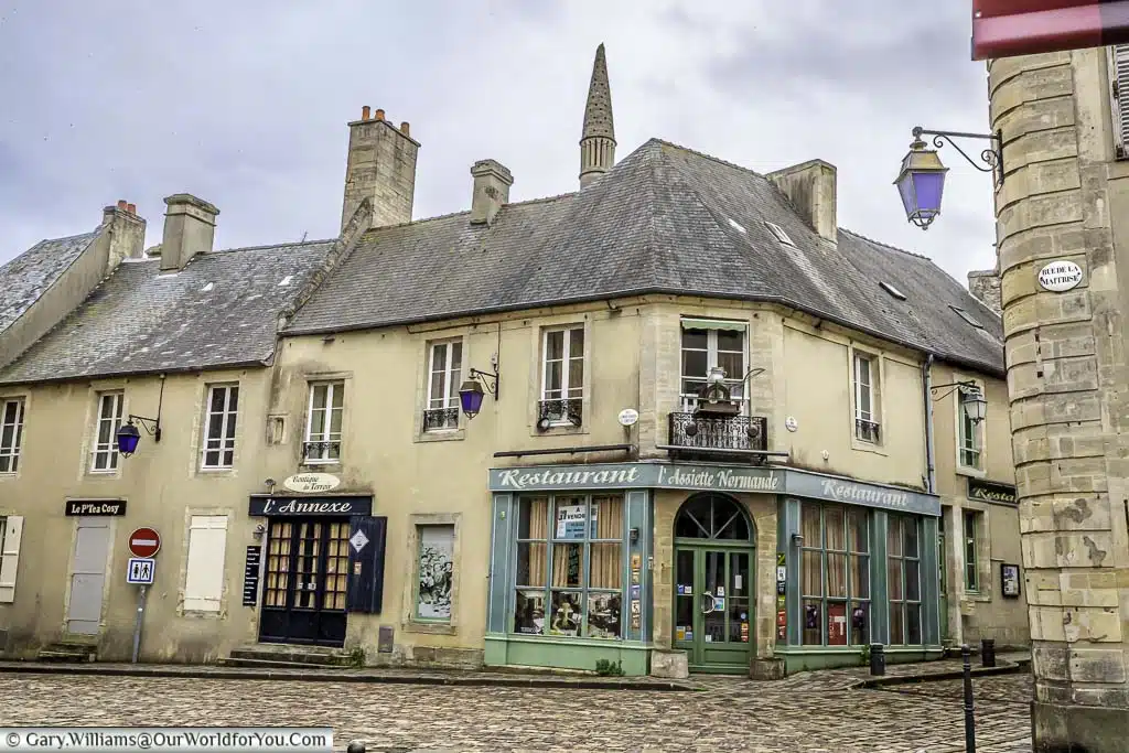 A restaurant off rue du bienvenu close to the entranc to bayeux cathedral in normandy, france
