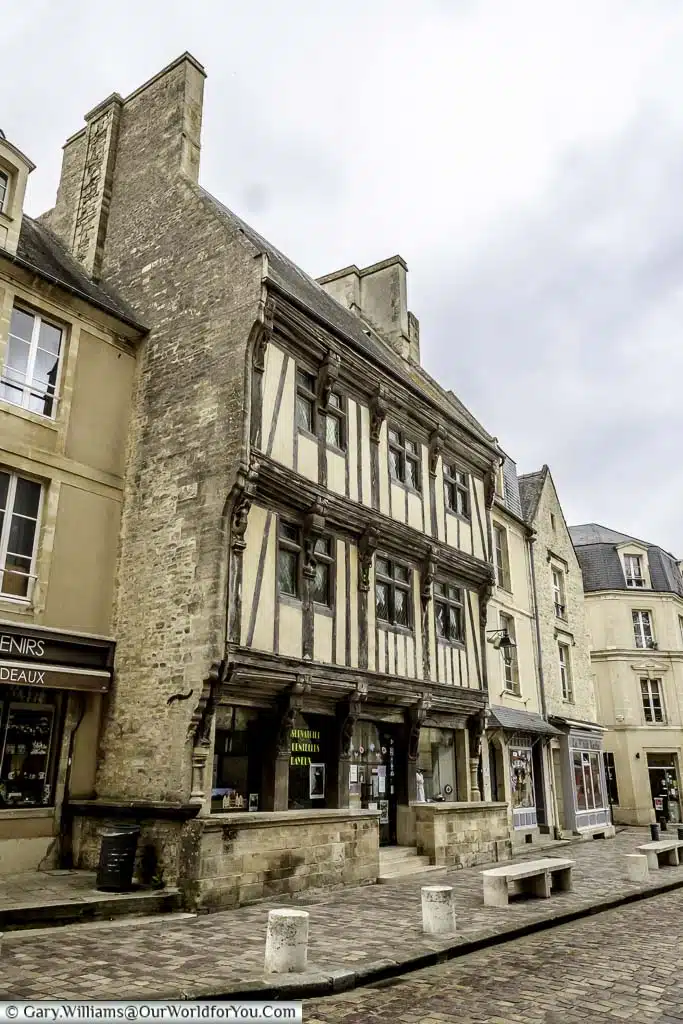 Half-timbered buildings along the historic rue des cuisiniers in bayeux, normandy, france