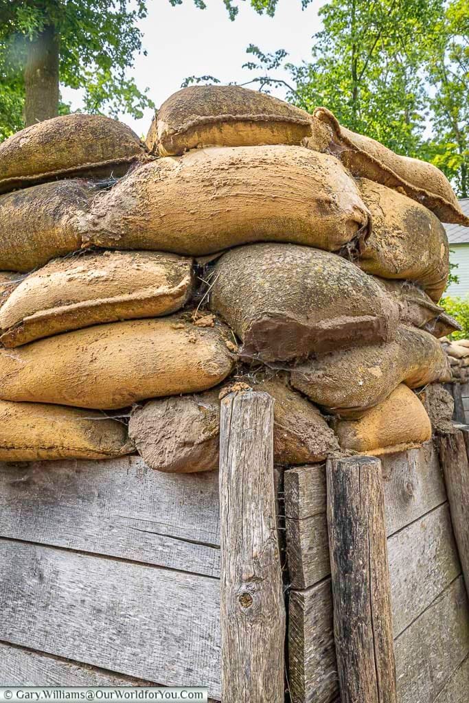 Sandbags on top of the corner of a world war one trench at the passchendaele museum at Zonnebeke, Belgium