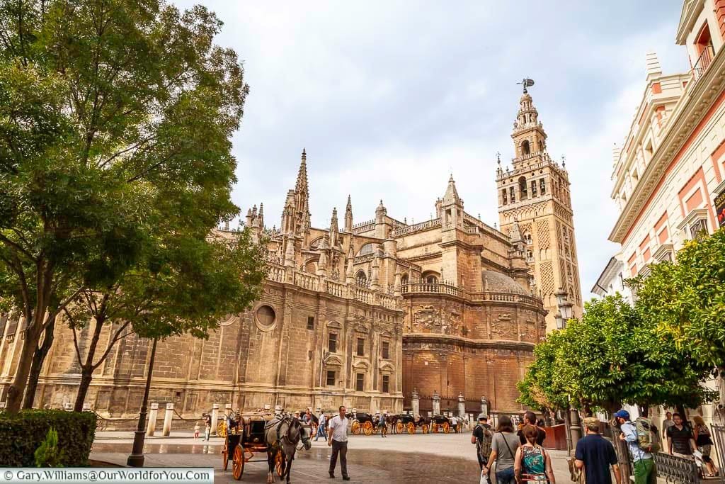 Seville Cathedral from the outside, with a clear view of its tower that was once a minaret of the Mosque. A line of horse & carriages line the side, awaiting fares from tourists.