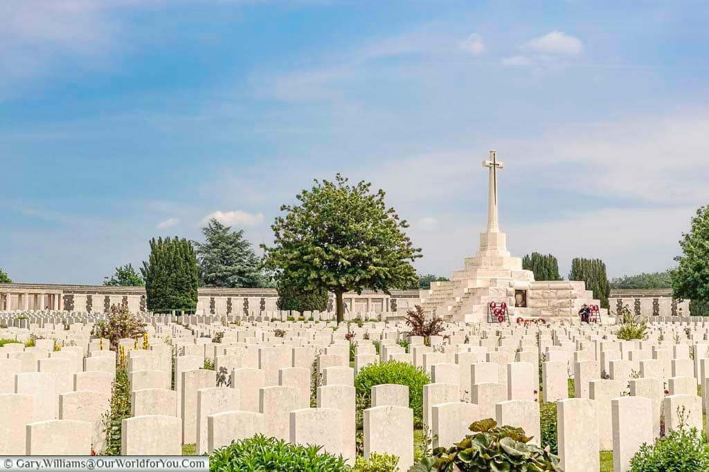The Commonwealth War Graves Cross of Sacrifice on top of a German bunker in the Tyne Cot cemetery near Passchendaele, Belgium