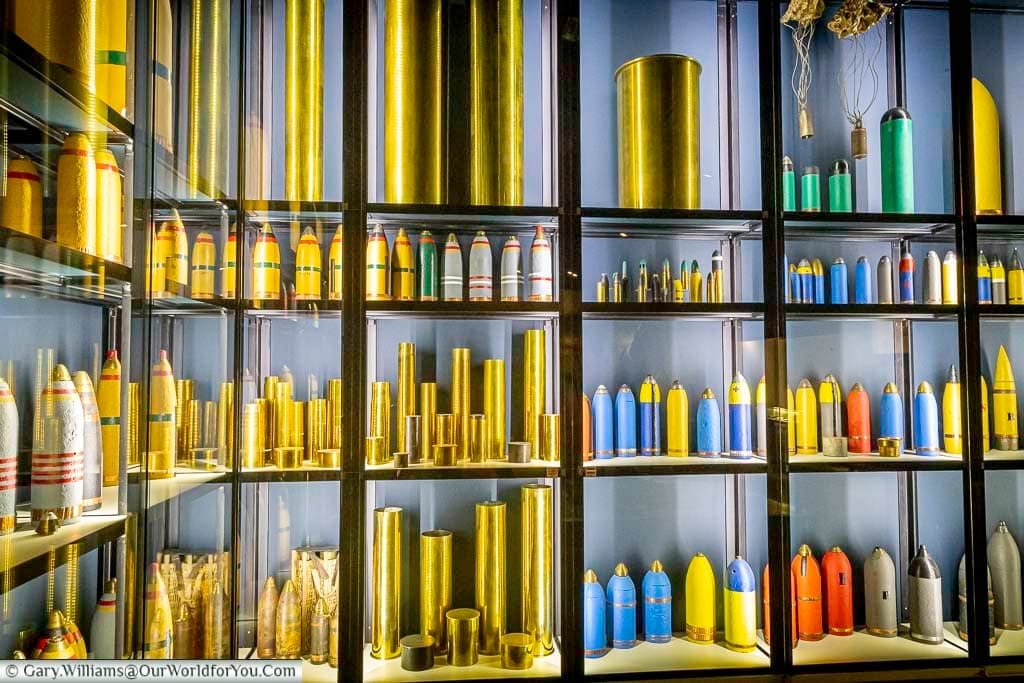 Display cabinets full of the many different types and sizes of artillery shells at the passchendaele museum at Zonnebeke, Belgium