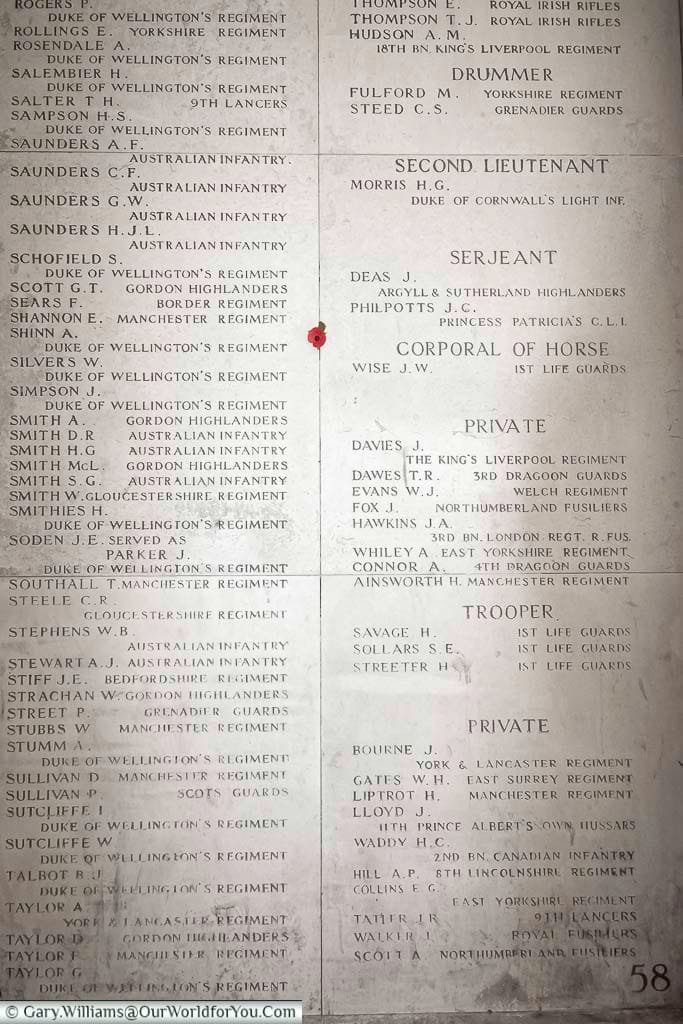 One of the plaques of names commemorated on the Menin Gate, Ypres