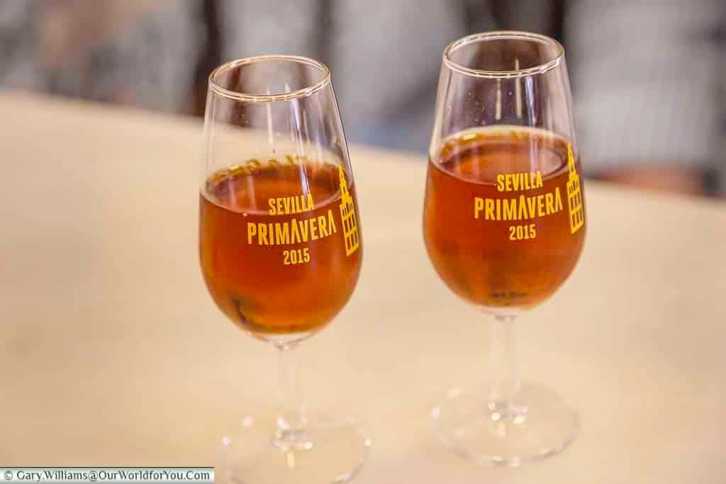 A couple of glasses of chestnut coloured Olorosso sherry in our bar in the Barrio Santa Cruz area of Seville,