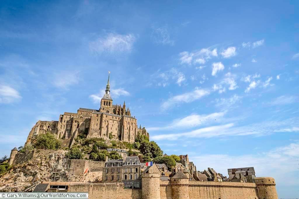 A close-up shot of Mont-Saint-Michel from the causeway.