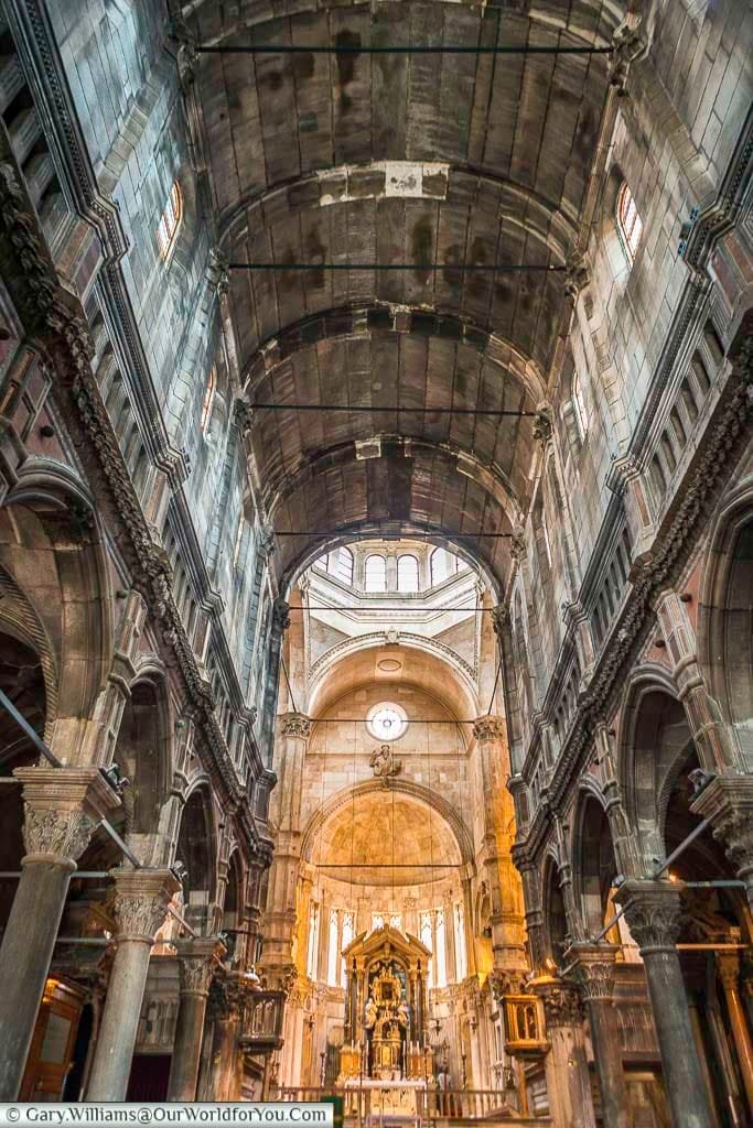 Inside the Cathedral of St James in Šibenik looking towards the nave, and you can clearly see the stone roof of the building.