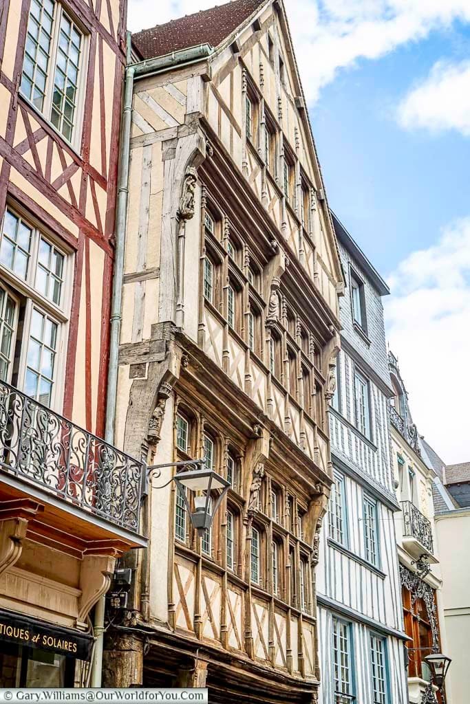 A view of the different colours of the half-timbered buildings of Rouen