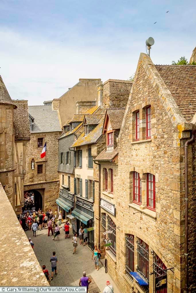 The view down from the ramparts to the tower gateway into the Grand Rue of Mont-Saint-Michel.
