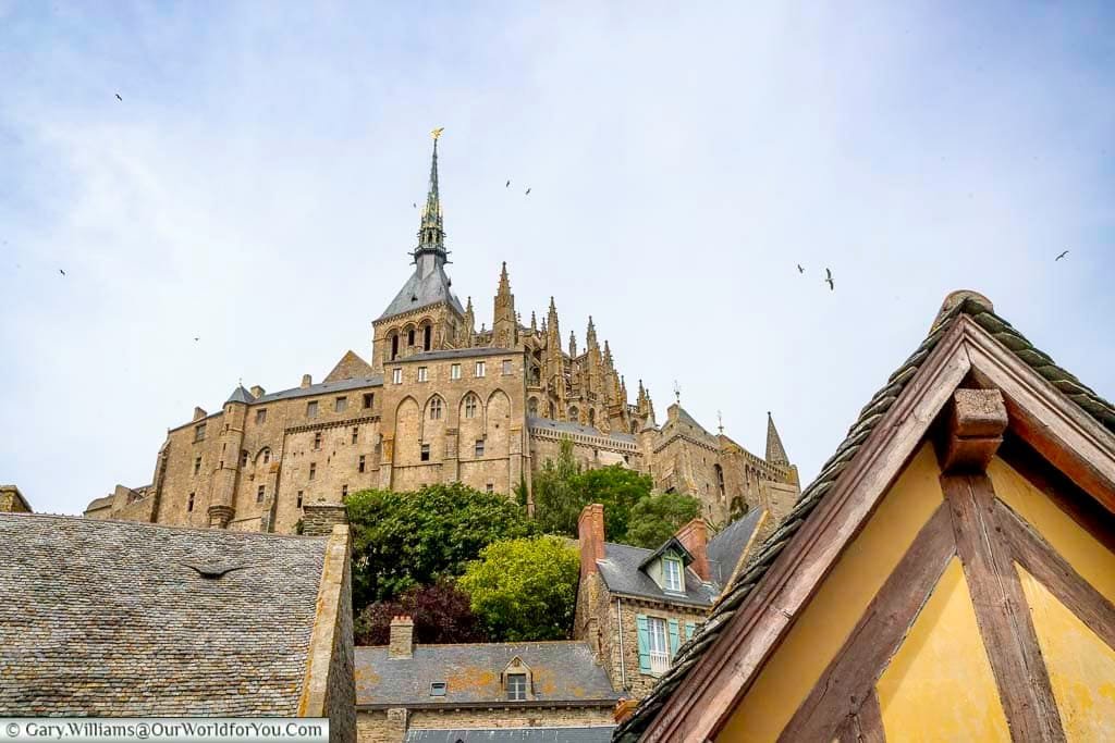 Looking up to the abbey on top of Mont-Saint-Michel Abbey from the lower levels.