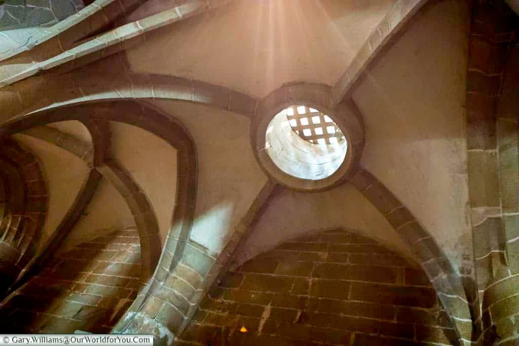 The ceiling in the Great Pillared Crypt of Mont-Saint-Michel Abbey.