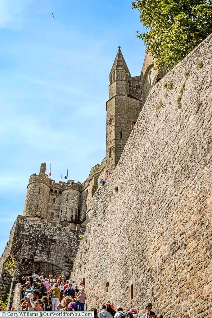 Further up Grand Rue, lined on one side by a massive stone wall as we head up towards the Abbey at the top of Mont-Saint-Michel.