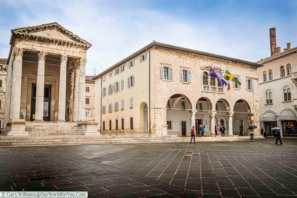 The remains of the Romans with the Temple and Forum in the centre of Pula, Croatia
