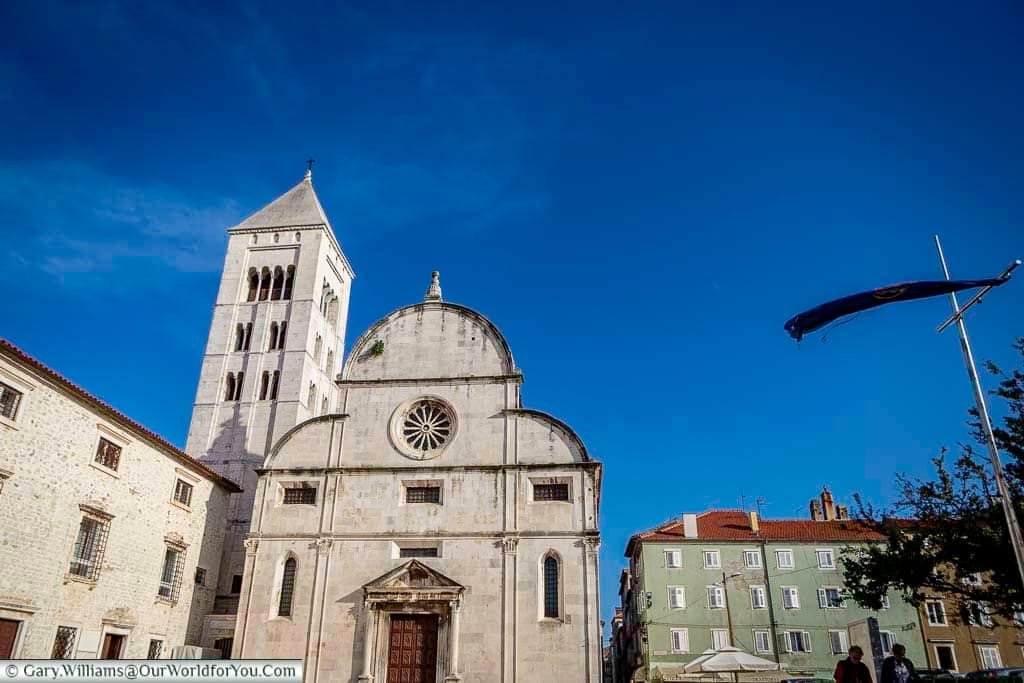 The facade of St Mary’s Church, Zadar, next to its bell tower