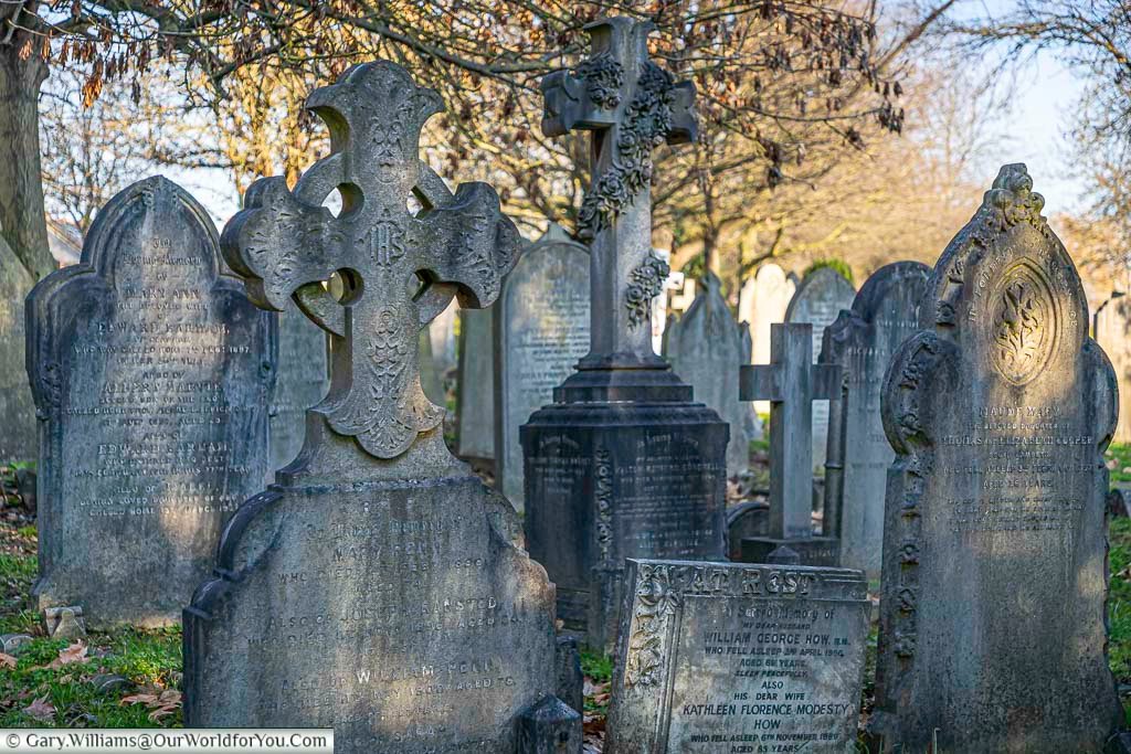 The image shows a collection of weathered and ornate gravestones and crosses in West Norwood Cemetery, bathed in the warm light filtering through bare winter trees. The intricate carvings and varying styles of the memorials speak to the rich history and Victorian-era design of this significant London burial ground.