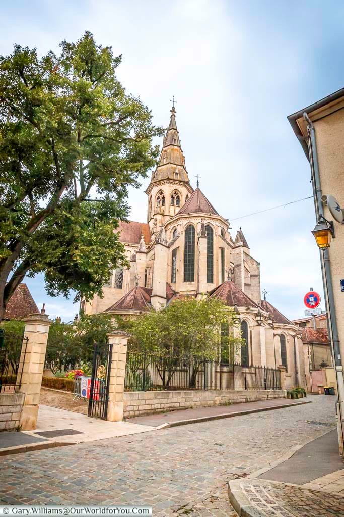A street-level view captures the impressive Collegiate Church of Notre-Dame in Semur-en-Auxois, France, its light-colored stone architecture rising prominently against a slightly overcast sky. The church features a tall, ornate spire, large arched windows, and a series of smaller towers and rooflines, all enclosed by a stone wall and wrought-iron fencing. A cobblestone street curves in the foreground, bordered by trees and other buildings, leading the eye towards the grandeur of the church.