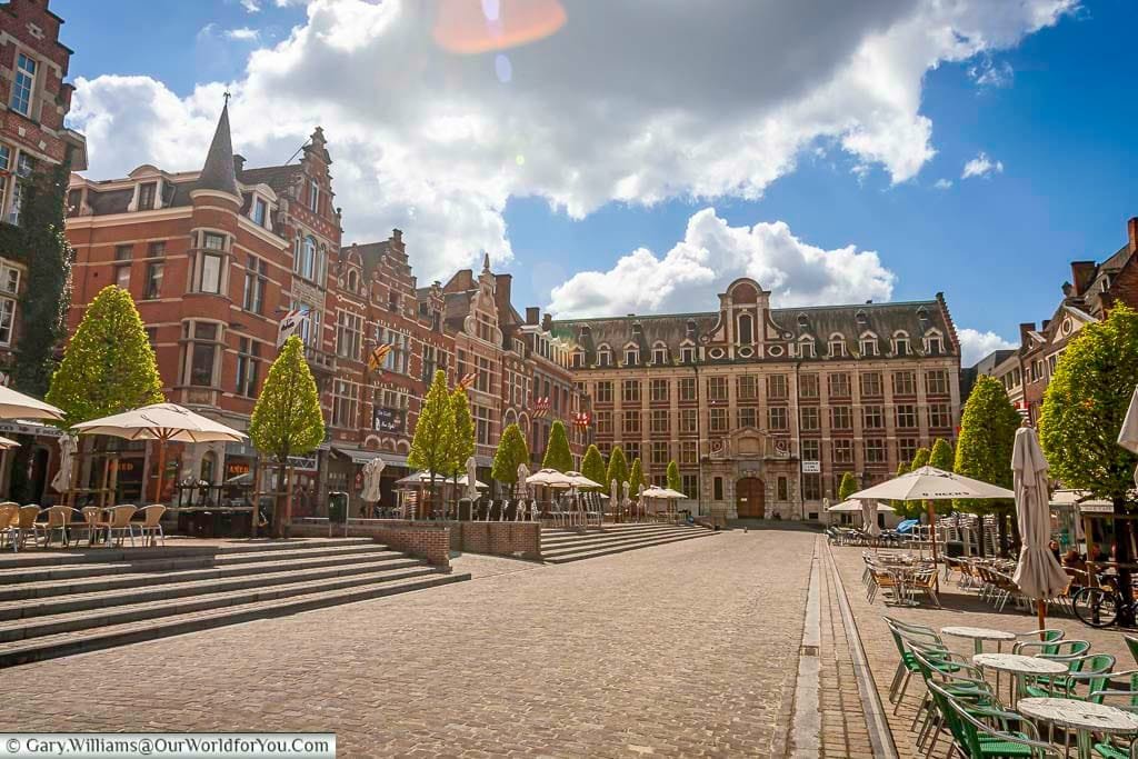 This image captures a sunny view of the Oude Markt in Leuven, Flanders, Belgium, showcasing its historic architecture and vibrant atmosphere with outdoor seating. The scene is framed by colorful buildings under a partly cloudy sky, inviting viewers to imagine the lively energy of this central gathering place.
