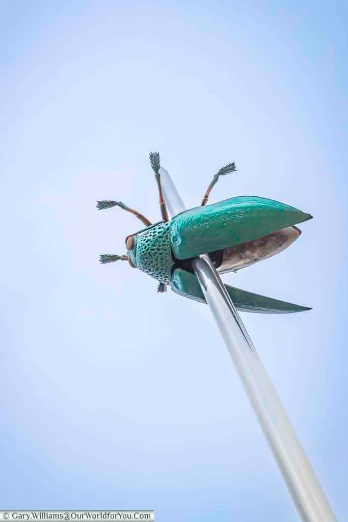 This is a low-angle shot of "Totem," a public art sculpture by Jan Fabre in Leuven, Flanders, Belgium. The artwork features a large, iridescent green jewel scarab beetle impaled on a tall, gleaming silver needle, set against a clear, pale blue sky.